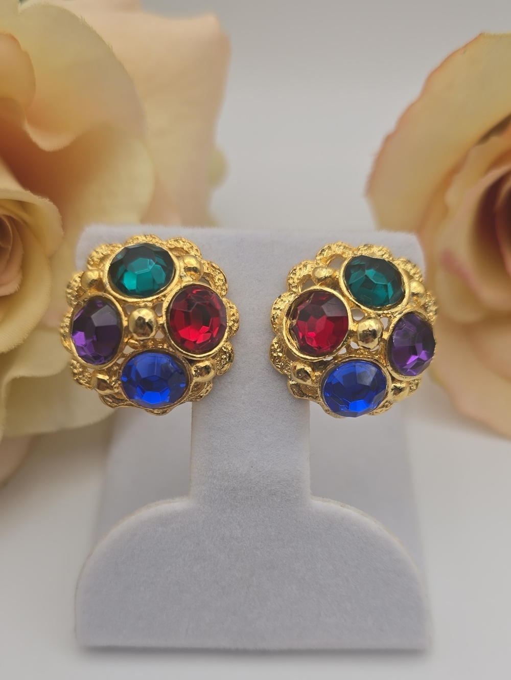 VTG 80s Jewel Tone Crystal Dome Earrings Gold Tone Unsigned